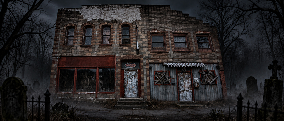 Illustrated exterior of the Wells Township Haunted House building